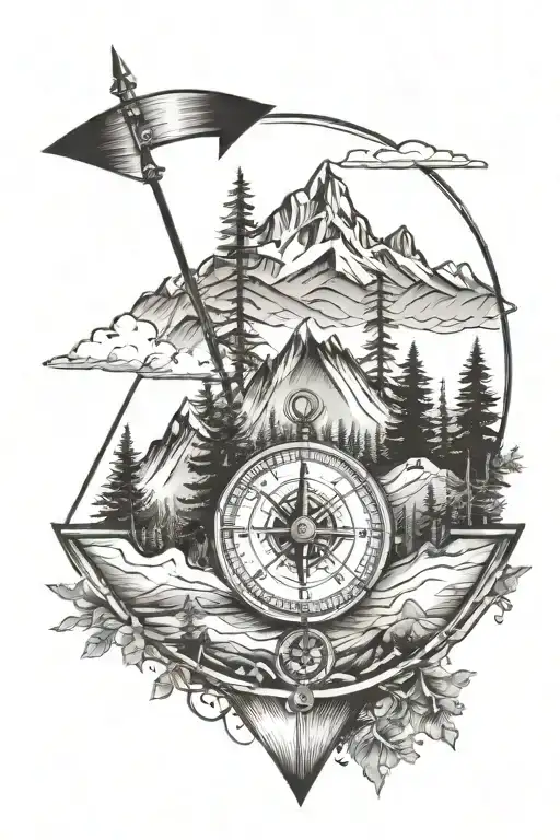 Mountain And Tree Long Arrow And Compass Fine Line