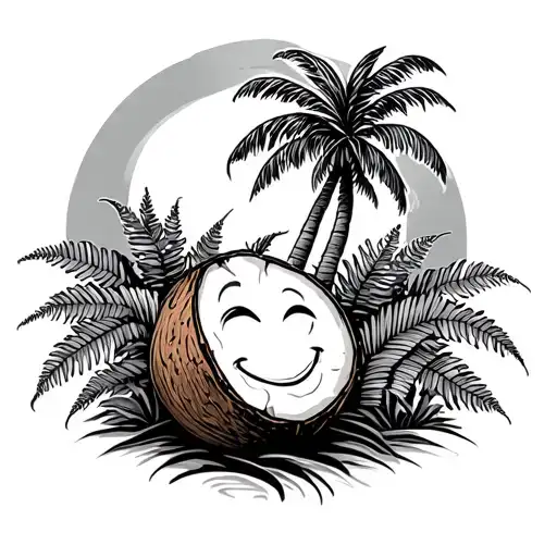 Coconut Tree And Ferns And Sun Smiling