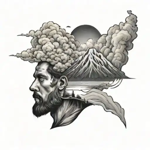 A Man Watching A Volcano Explosion In Iceland Mountains Forest