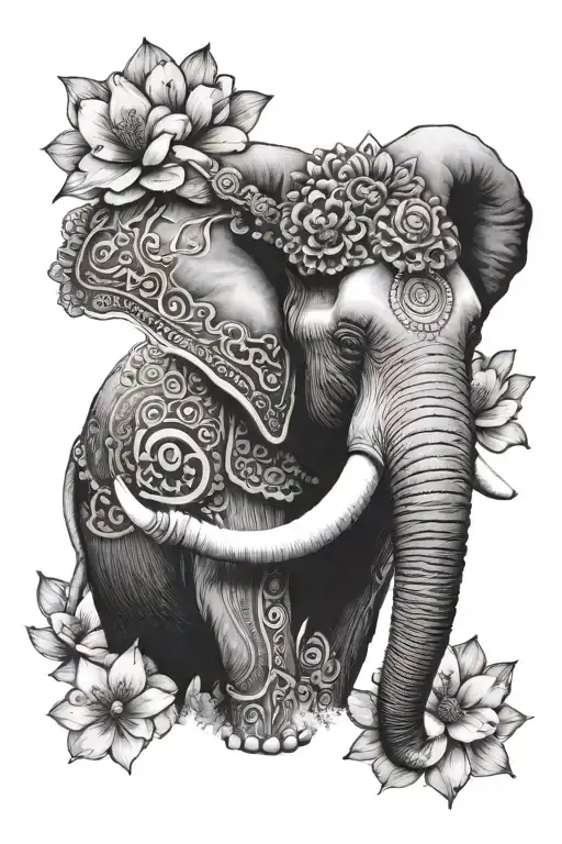 Elephant With Human Like Eyes And Headwrap Surrounded By Lotus Flowers On The Shoulder