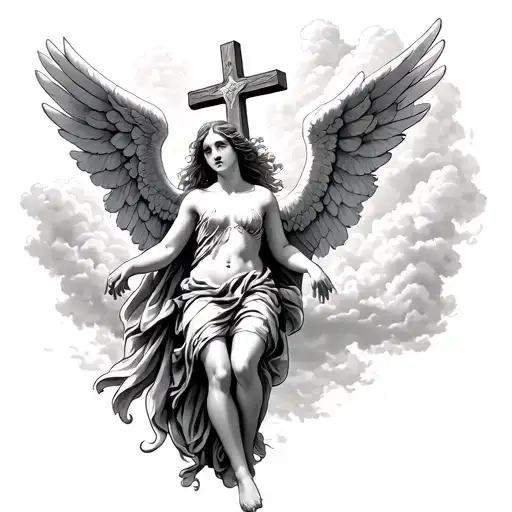 Women Angel Falling From The Sky Holding A Cross