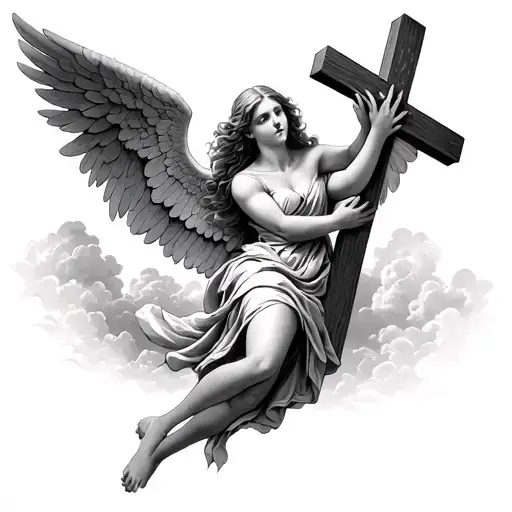 Women Angel Falling Down From The Sky Trying To Grab A Cross