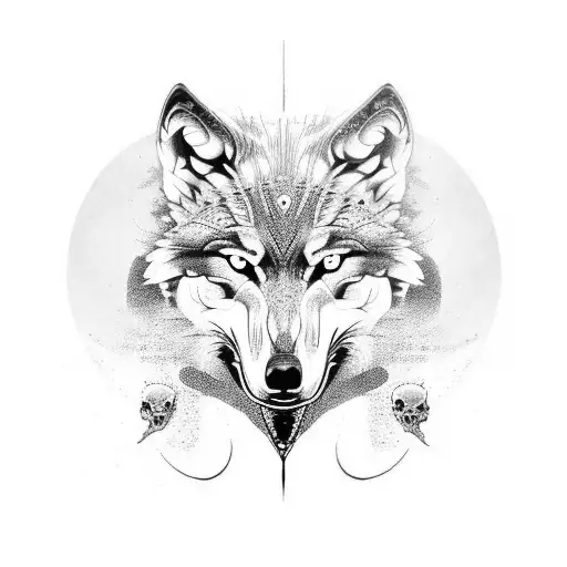 Wolf Skull Surrounded By Intricate Blackwork Patterns