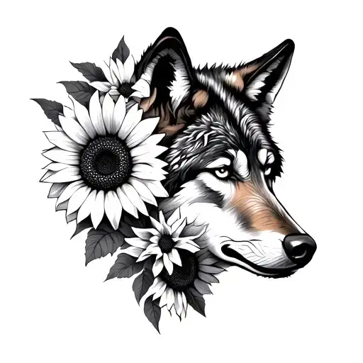 Wolf And Sunflowers