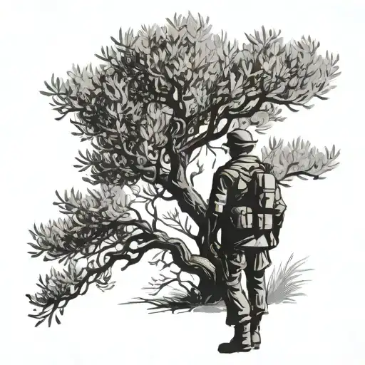 A Silhouette Of A Soldier Standing Under A Flourishing Olive Tree
