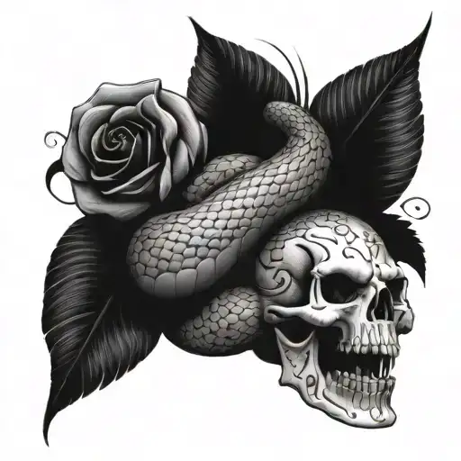 Snake With Skulls Stacked Ontop With The Snake Going Through It With Flowers Growing Out