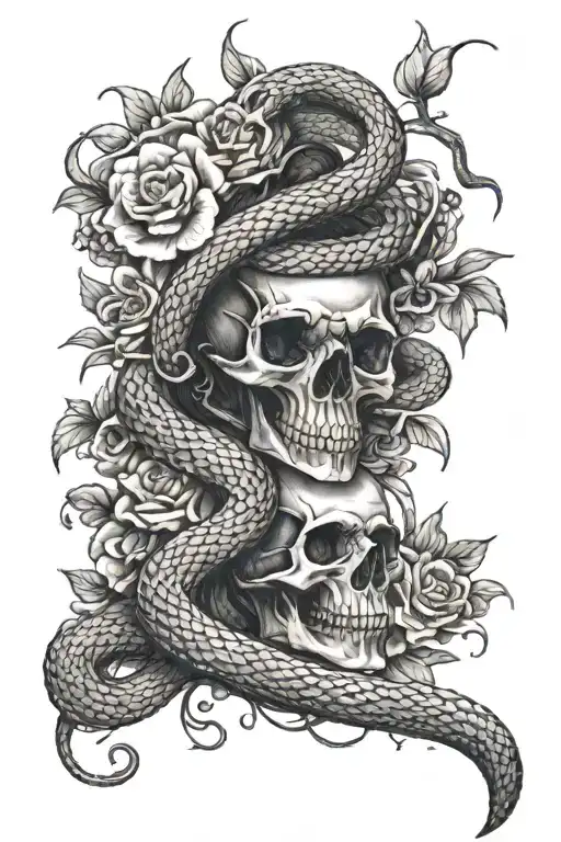 Snake With Skulls Stacked Ontop With The Snake Going Through It With Flowers Growing Out