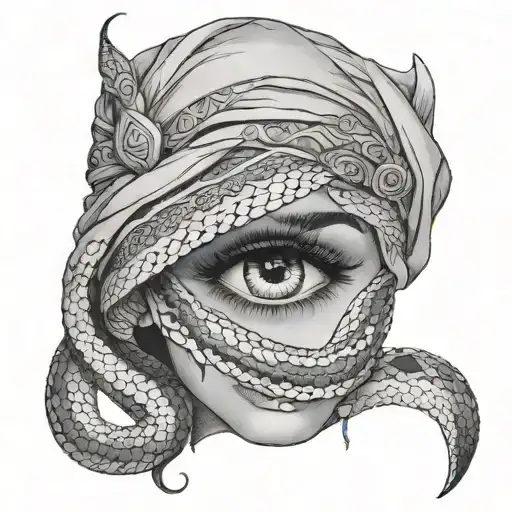 Arabian Woman Eyes Only Exposed With Snake Coiled Snake Wrapped