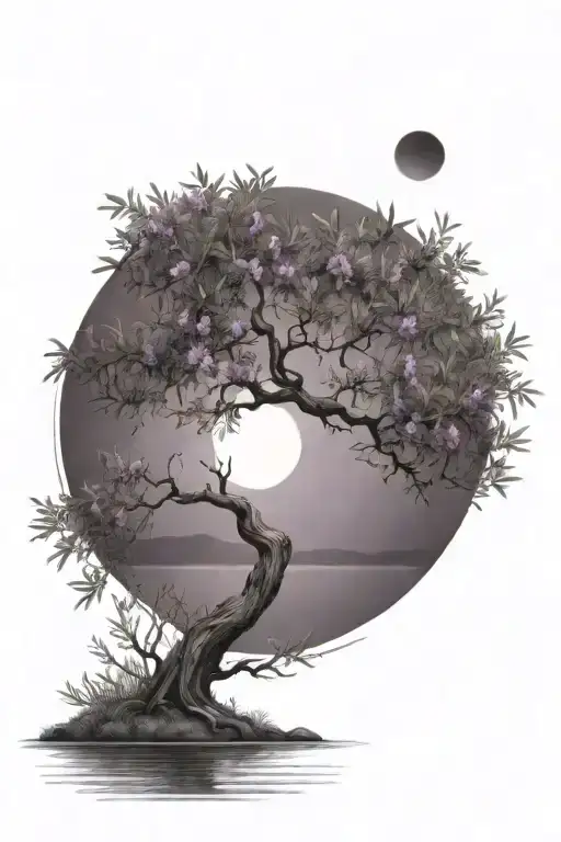 An Olive Tree Near The Water With The Moon And Purple Flowers