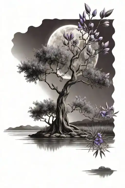 An Olive Tree Near The Water With The Moon And Purple Flowers And Daffodils