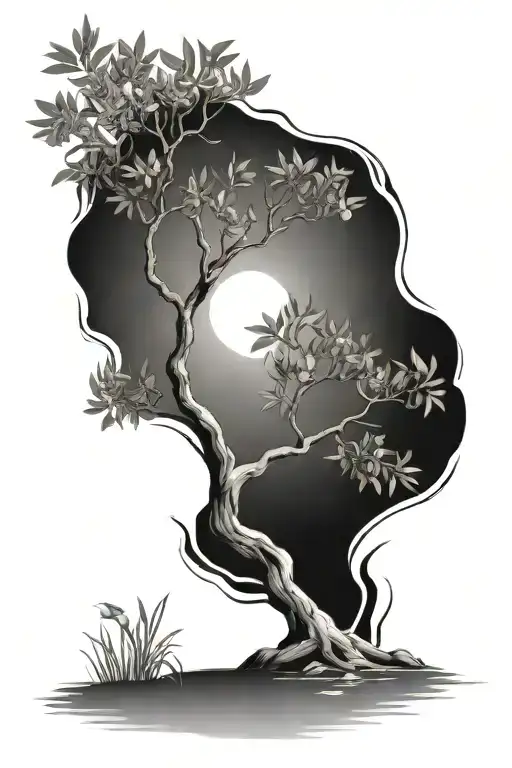 An Olive Tree Near The Water With The Moon And Narcissus Flowers