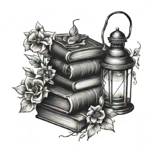 Gothic Stack Books And Lantern And Wildflowers Growing