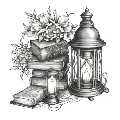 Gothic Stack Books And Lantern And Wildflowers Growing