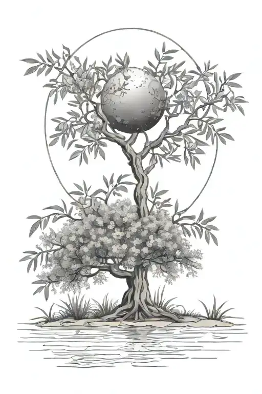 An Olive Tree Near The Water With The Moon And Daffodils