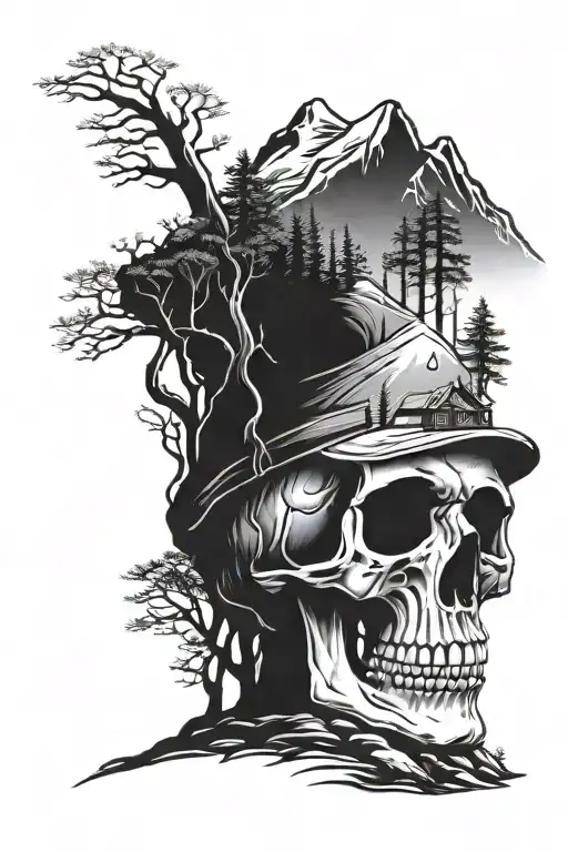 Mountains Hut Skull With Trees