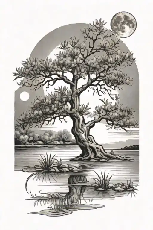 An Olive Tree Near The Water With The Moon And Daffodils