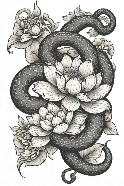 Snake And Lotus Flower Intertwined