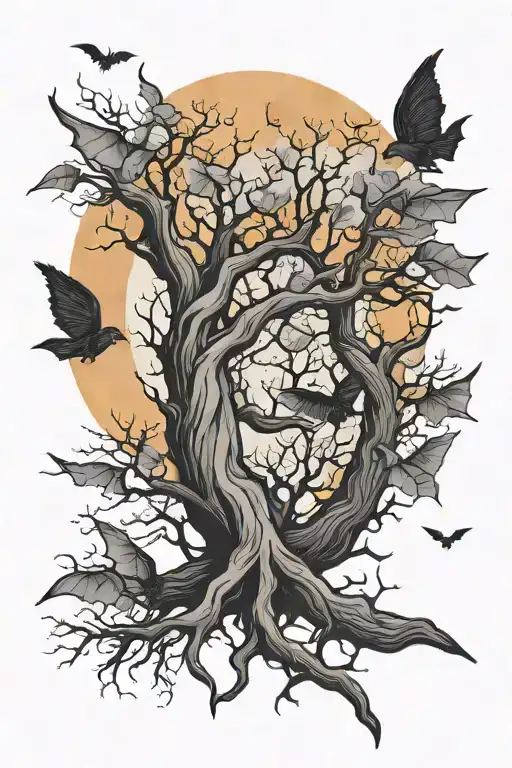 Poison Tree Without Leafs With Bats Swarming And Orange Moon