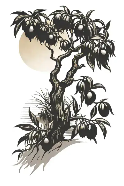 An Olive Tree Near The Water With The Moon And Daffodils