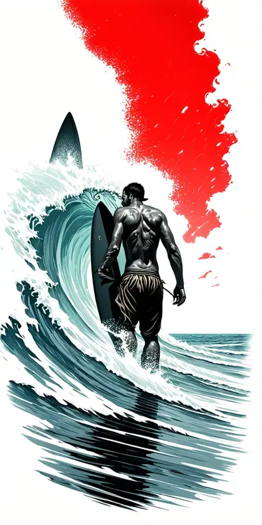 Man With Surfboard Looking Out To Ocean Where A Wave Morphs Into Posedian