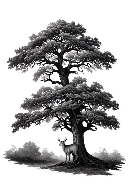 Oak Tree With A Deer Standing