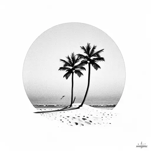 Beach Scene In The Moonlight With Palm Trees In The Foreground