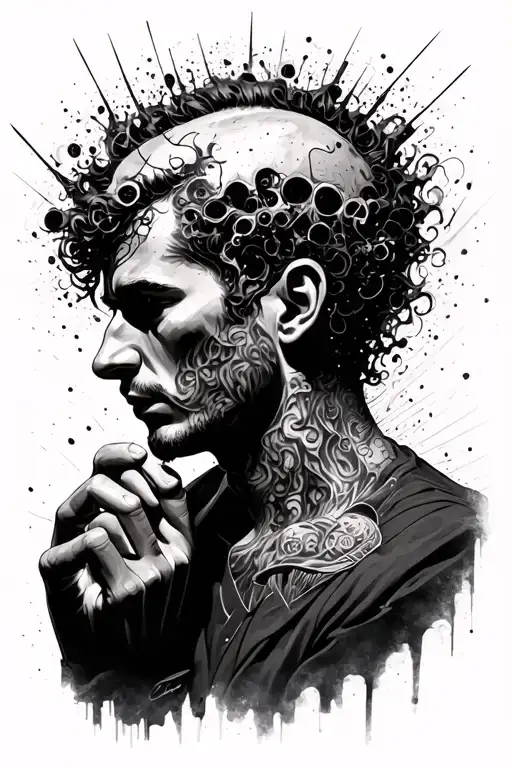 Overthinking Concept Exploded Head Tattoo Holding Man