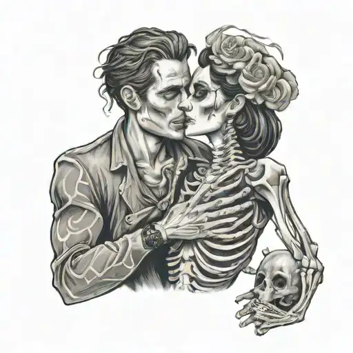 Man Holding Skeleton Woman Dressed