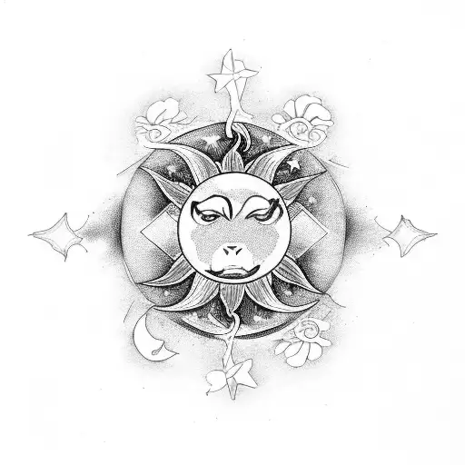 Aries Symbol With Stars Sun And Moon Flowers