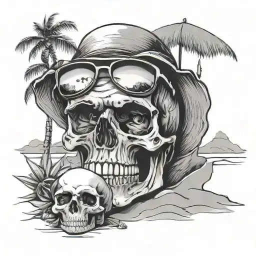 A Beach Scene With A Skull Drinking With Sunglasses