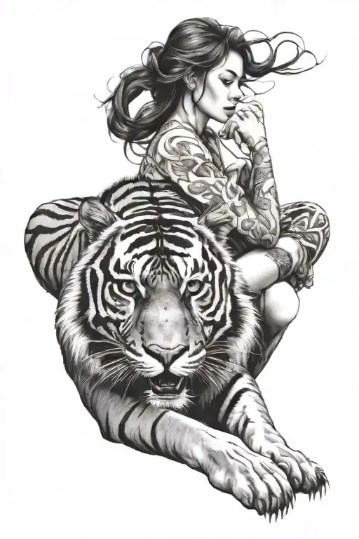 Tiger Protecting A Girl Sitting