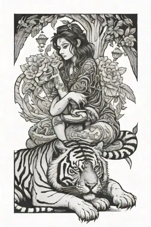 Tiger Protecting A Lady Sitting