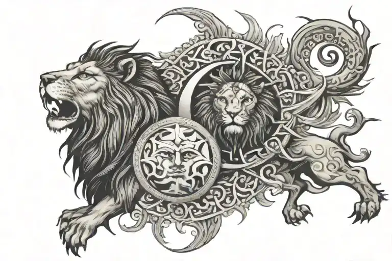 Ahura Mazda And The 21-Pointed Sun Moon And Lion
