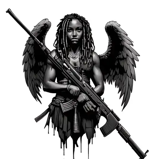 Black Angel With Dreads Holding Rifle