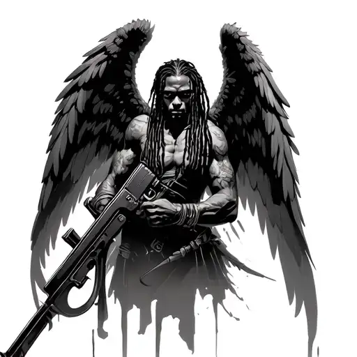 Black Angel With Dreads Facing Right Holding Rifle