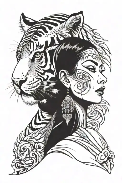 Tiger Protecting Lady Head Profile Holding