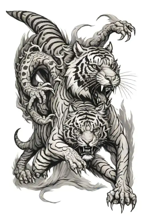 Dragon Fying Behind Tiger Walking Towards