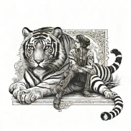 Tiger Protecting A Lady Sitting