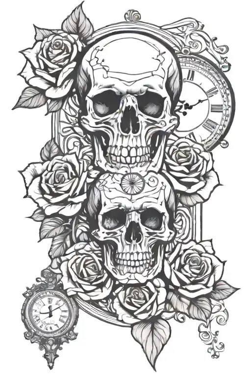 Roses And Skull And Clock And Lines Connecting Various