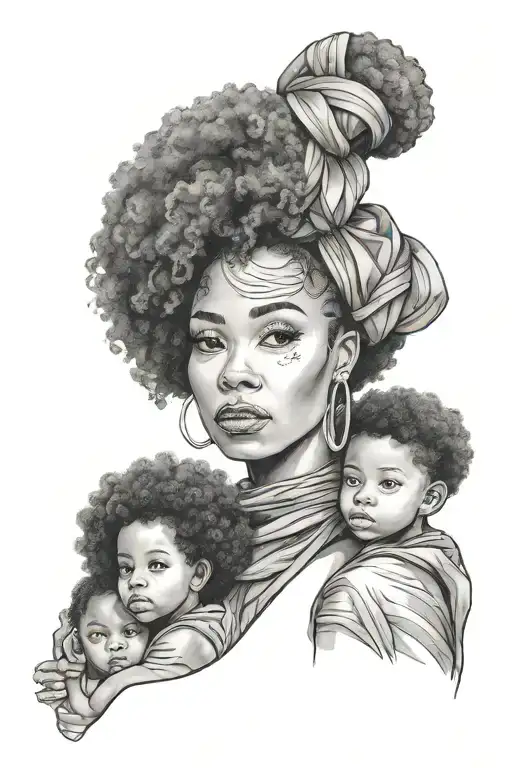 Woman With Children Afro Holding