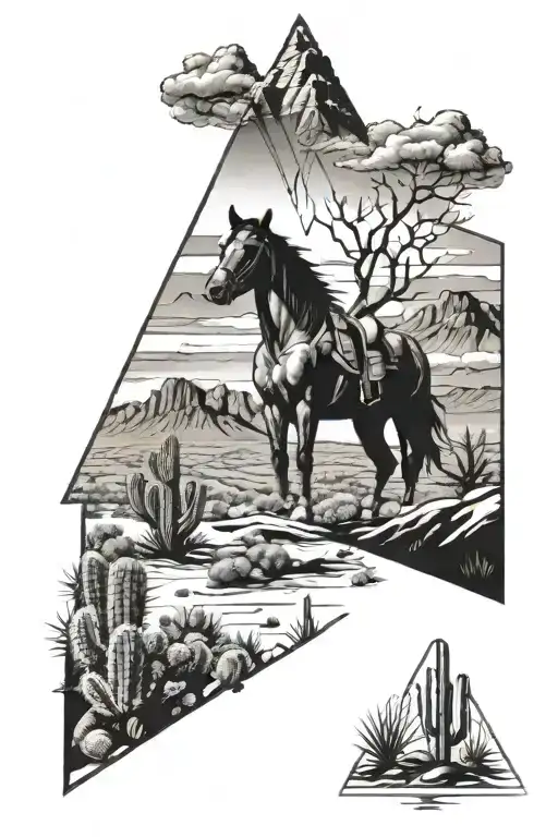 Desert Scenery With Cactus In A Triangle That Has A Horse Running In The Distance