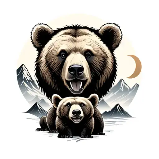Bear Face With 3 Cubs By Mountains And Moon