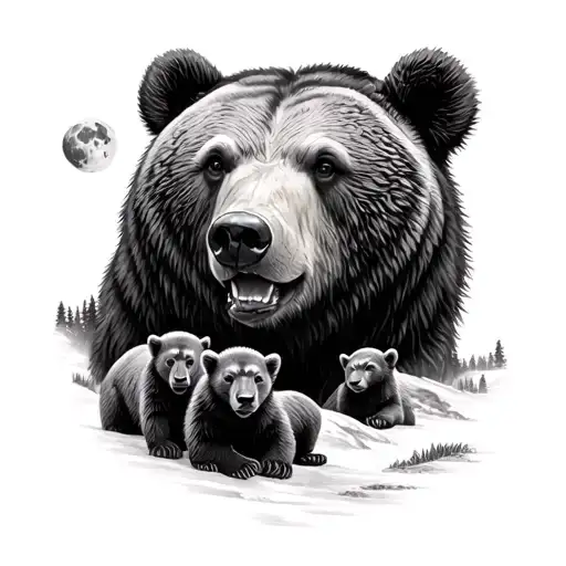 Bear Face With 3 Cubs By Mountains And Moon Realism