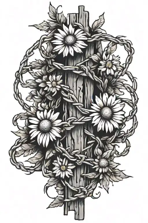 Western Style Single String Of Barbwire With Daisies Wrapped Around It