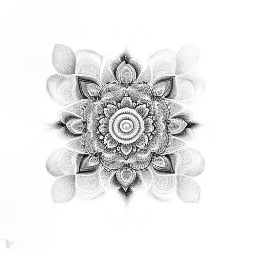 A Black And Grey Tattoo Of A Blooming Flower Surrounded By Intricate Mandala Patterns