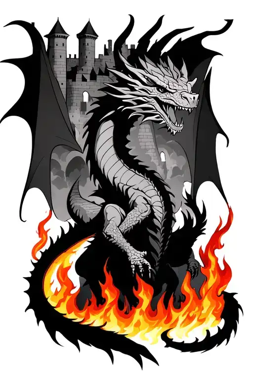A Dragon Surrounded By Fire And A Castle On The Background