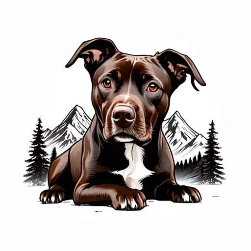 Choclate Lab Dog Sitting With Mountain Range Behind