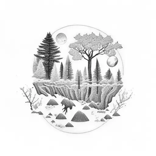 A Black And Grey Dotwork Tattoo Of A Forest With A Hidden Flamengo Emblem