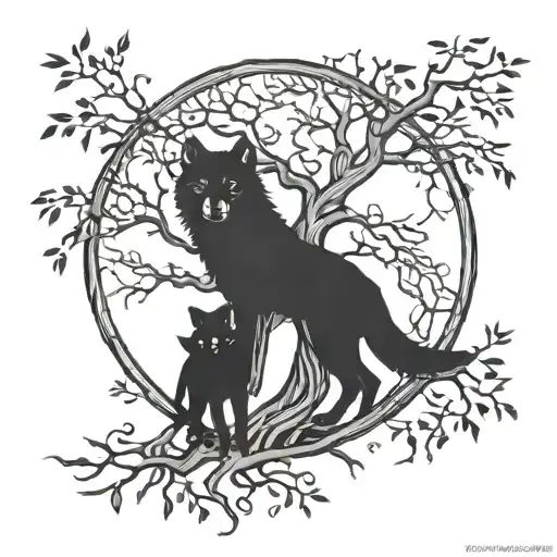 Tree Of Life With Dead Branches Wolf Mother And Son