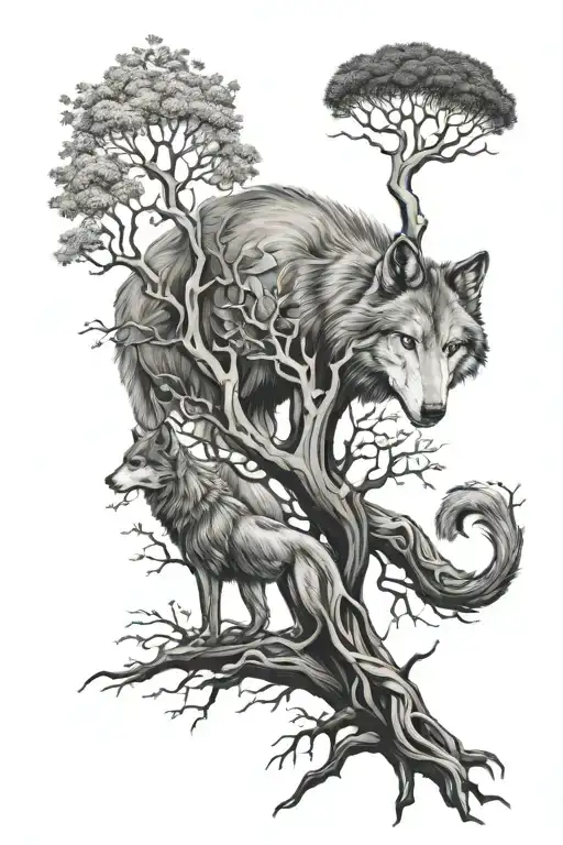 Tree Of Life With Wolf Mother And Son